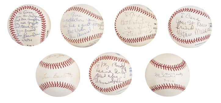 Lot of (7) Signed & Inscribed Baseballs to Gene Autry With Muhammad Ali, Spahn, Musial (3), Lasorda & Burdette (Autry LOA & Beckett PreCert)